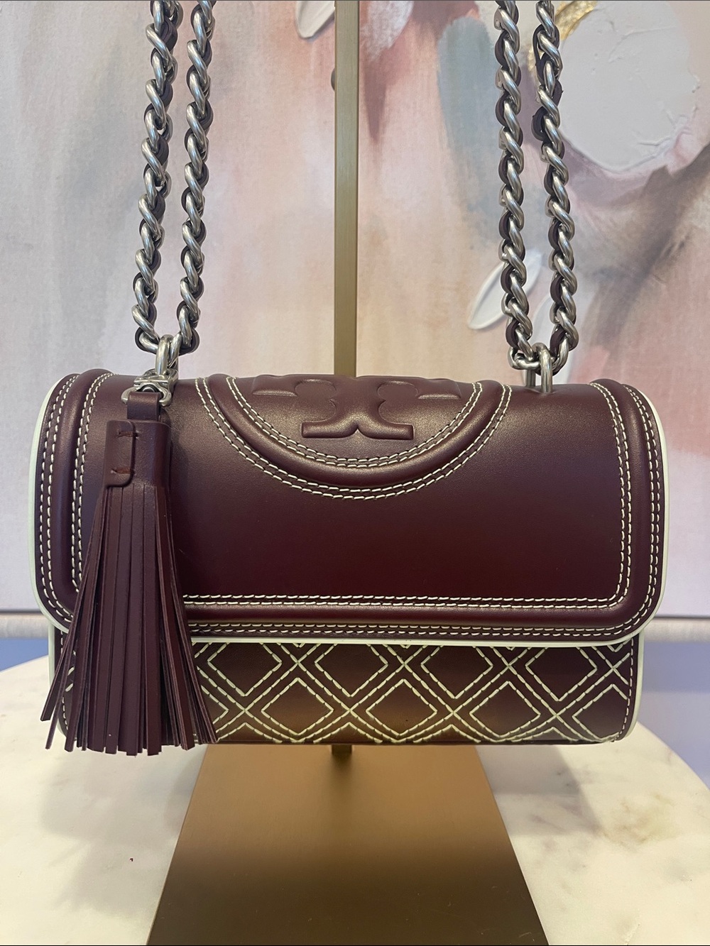 Tory Burch Quilted Tassel Shoulder Bag in Burgundy with White Stitching